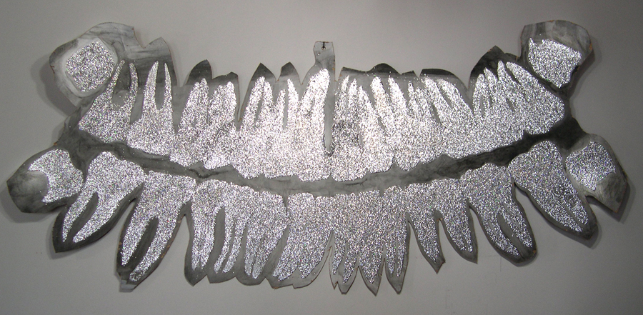 Four Wisdoms with Sparkle - Mixed-Media Drawing of Xray of full set of teeth - Glitter, Ink Wash on Panel